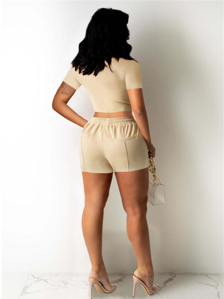 Square collar short sleeved shirt with drawstring pocket shorts two-piece set