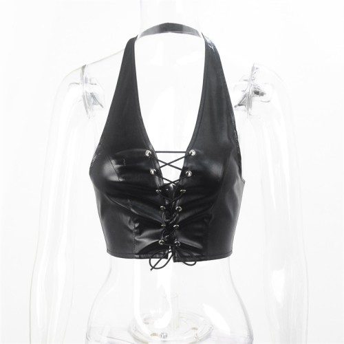 Hanging neck, exposed back, lace up short PU vest