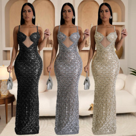 V-neck see through sequin camisole dress