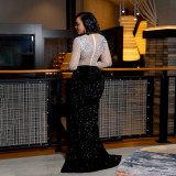 Round neck high slit hot stamping diamond dress