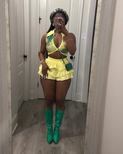 Elastic ruffled shorts set