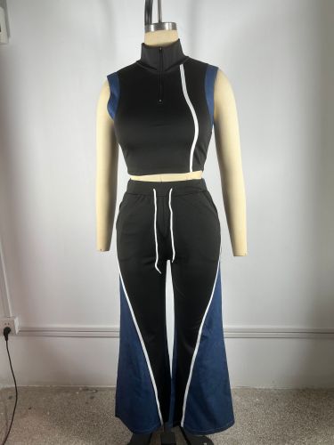 Cowboy patchwork sleeveless V-neck wide leg pants set