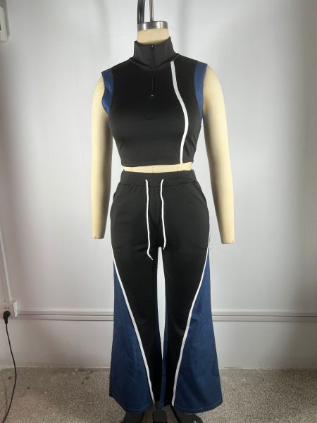 Cowboy patchwork sleeveless V-neck wide leg pants set