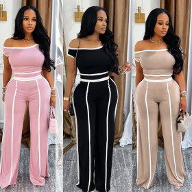 Two piece set of slanted shoulder wide leg pants