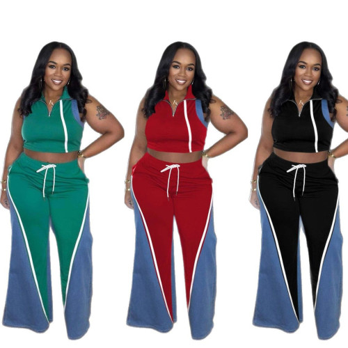 Cowboy patchwork sleeveless V-neck wide leg pants set