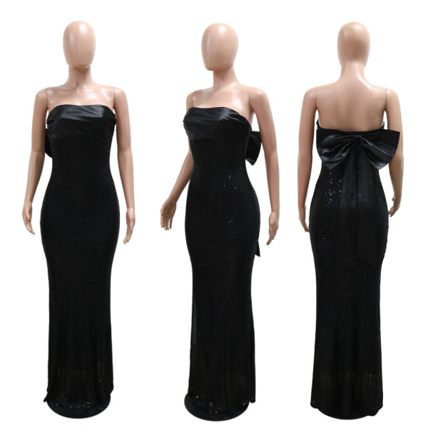 Strapless dress with colorful patchwork sequins and fish tail dress