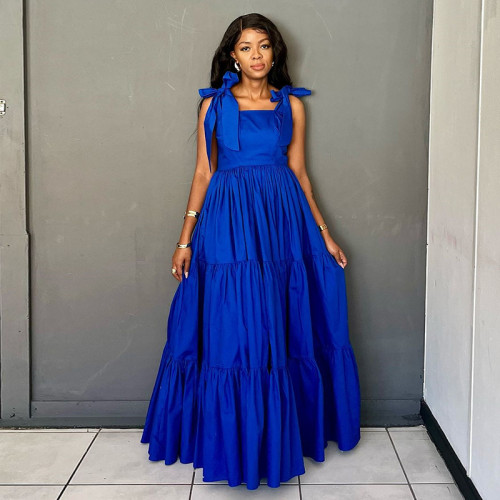 Bow tie tied long waist cinching suspender dress