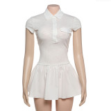 Collar button pleated contrasting short sleeved dress