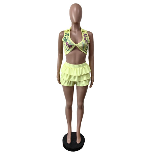 Elastic ruffled shorts set