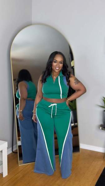 Cowboy patchwork sleeveless V-neck wide leg pants set