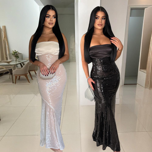 Strapless dress with colorful patchwork sequins and fish tail dress