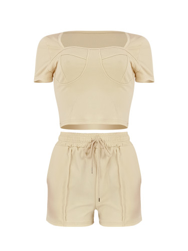 Square collar short sleeved shirt with drawstring pocket shorts two-piece set