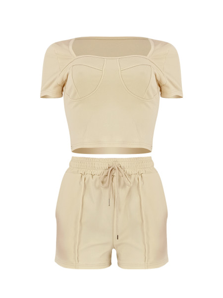 Square collar short sleeved shirt with drawstring pocket shorts two-piece set