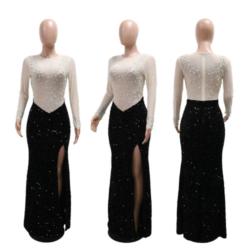 Round neck high slit hot stamping diamond dress