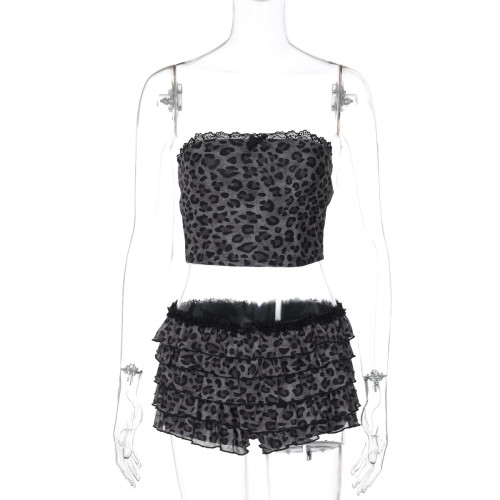 Leopard print chest wrapped shorts two-piece set