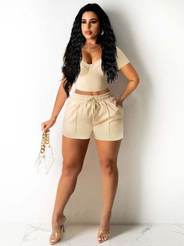 Square collar short sleeved shirt with drawstring pocket shorts two-piece set