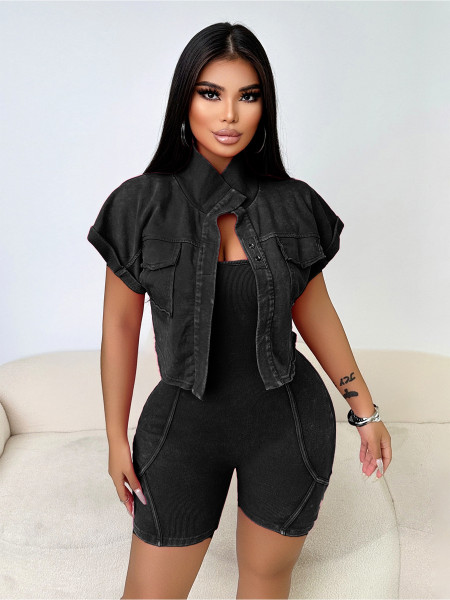 Laundry vest, jumpsuit, short sleeved jacket, two-piece set