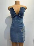 Hollow zipper hot stamping and strapless denim dress