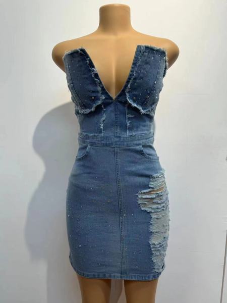 Hollow zipper hot stamping and strapless denim dress