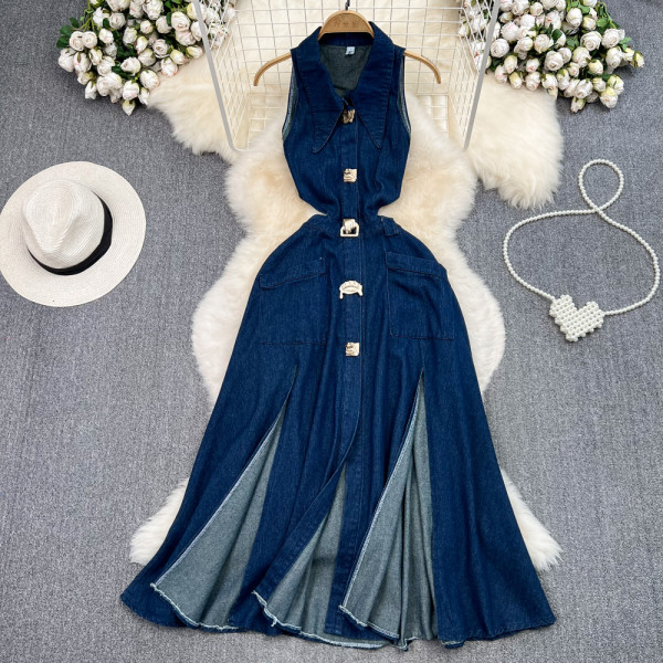 Collar hollowed out open waist cinched sleeveless split denim dress