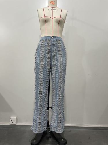 Broken hole tassel wide leg pants