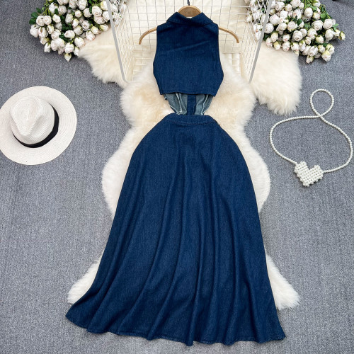 Collar hollowed out open waist cinched sleeveless split denim dress