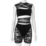 Lace patchwork hollow out sleeveless tight jumpsuit shorts