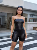 Off shoulder strapless tight waist PU leather jumpsuit
