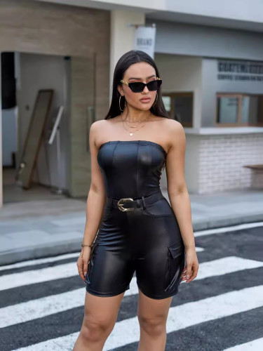 Off shoulder strapless tight waist PU leather jumpsuit