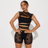 Lace patchwork hollow out sleeveless tight jumpsuit shorts