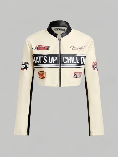 Stand up collar zipper PU leather top Heavy duty letter printed cardigan jacket