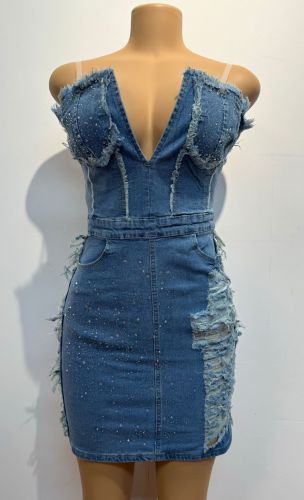 Hollow zipper hot stamping and strapless denim dress