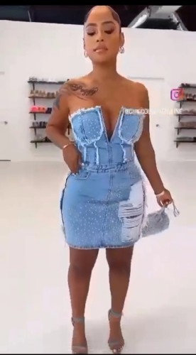 Hollow zipper hot stamping and strapless denim dress
