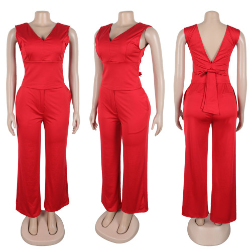 Elastic wide leg print two-piece set