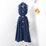Collar hollowed out open waist cinched sleeveless split denim dress