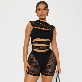Lace patchwork hollow out sleeveless tight jumpsuit shorts