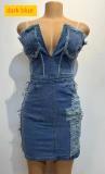 Hollow zipper hot stamping and strapless denim dress