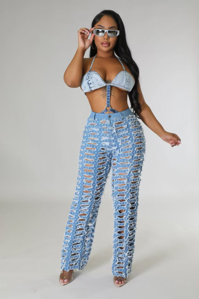 Broken hole tassel wide leg pants