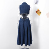 Collar hollowed out open waist cinched sleeveless split denim dress
