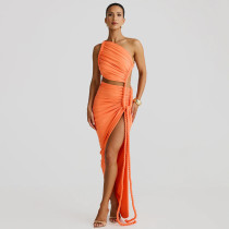 Single shoulder strapless backless hollow tied pleated dress Single shoulder strapless backless hollow tied pleated dress
