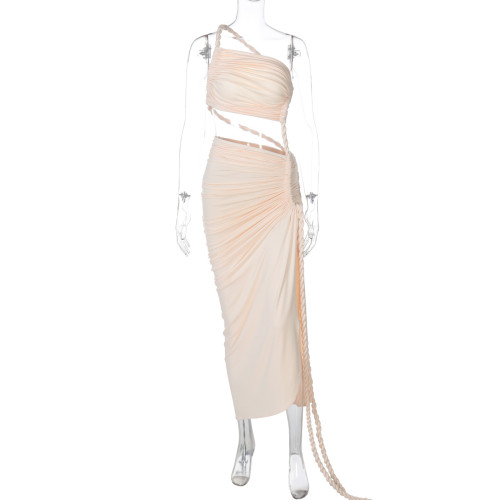 Single shoulder strapless backless hollow tied pleated dress