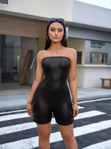 Off shoulder strapless tight waist PU leather jumpsuit