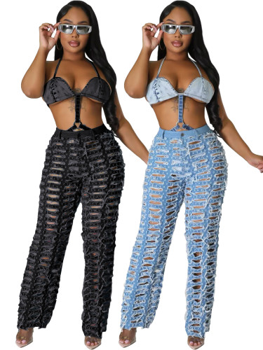Broken hole tassel wide leg pants