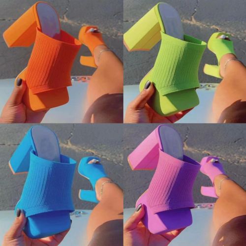 Square toe thick high-heeled knitted elastic slippers, one foot elastic cool mop