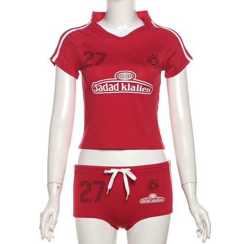 Open navel short sleeved high waisted hip lifting shorts set