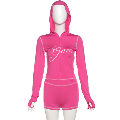 Leopard print hooded zipper top high waisted shorts set