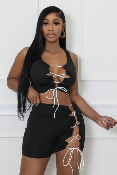 Large solid color strap hollow two-piece set