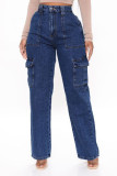 High waisted elastic waistband, loose waistband, wide leg workwear, multi pocket jeans