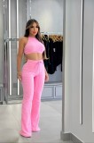 Waffle halter top, high waisted strap, tight fitting flared pants set