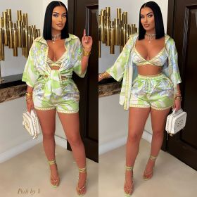 Printed beach swimsuit, chest wrapped shirt, shorts three piece set